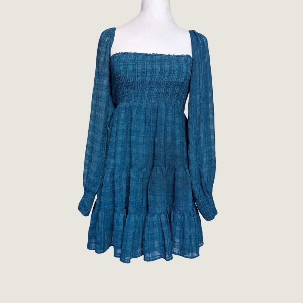 Urban Outfitters Smocked Plaid Mini Dress Teal Blue Long Sleeve Tiered XS